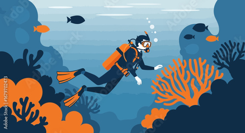 Diver Explores Vibrant Underwater Scene With Marine Life And Coral Reefs