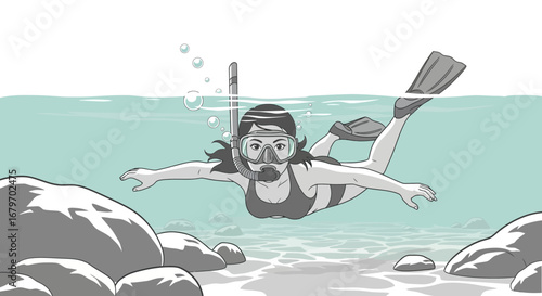 Diver Explores Underwater World with Mask and Snorkel Amidst Bubbles and Rocks
