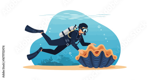 Diver exploring a giant clam underwater in a colorful illustration