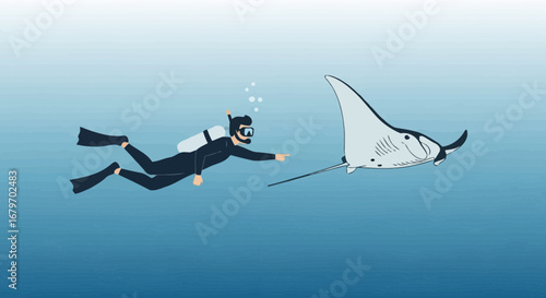 Diver Exploring And Interacting With A Magnificent Manta Ray In Ocean Depths