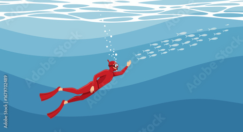 Diver Explores Underwater Realm Passing By School Of Fish in Beautiful Blue Ocean