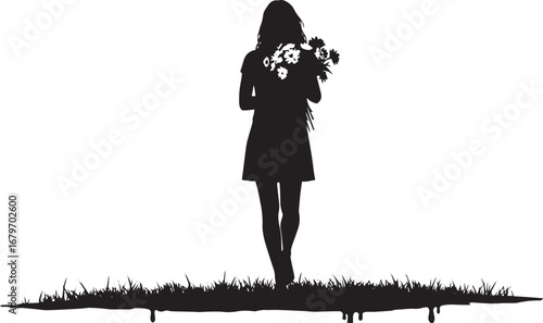 Silhouette of a woman with flowers walking in a field of dreamy