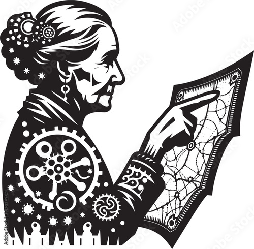 Steampunk Illustration of an Elderly Woman Examining a Map with Intricate Mechanical Details