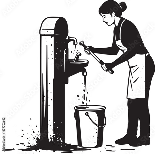 Woman plumbing job: Repairing public water fountain with wrench