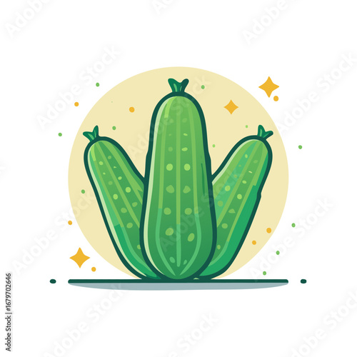 Green cucumber illustration with a yellow background, a vector design for organic food concept.