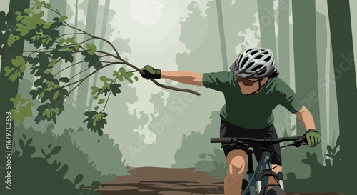 Cyclist Navigating Treacherous Trail Amidst Forest Foliage on A Mountain Bike Adventure