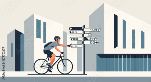 Cyclist Navigating Through Modern City, Following Bicycle Path Signs, Urban Transportation Concept
