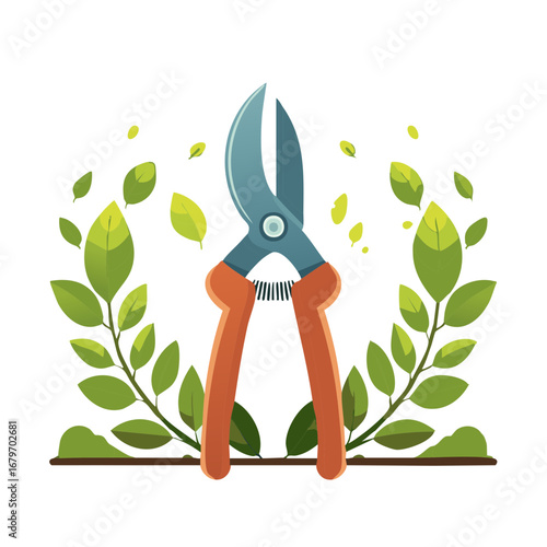 Vibrant vector illustration of garden pruners amidst fresh green foliage, symbolizing growth and plant care.