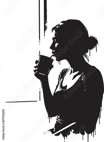 Silhouette illustration of a woman enjoying a beverage while gaz