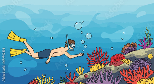 Diver Exploring Ocean Wonders Amidst Colorful Coral Reefs And Bubbles Underwater