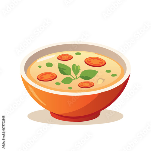 Bowl of creamy soup with tomatoes and basil, illustration