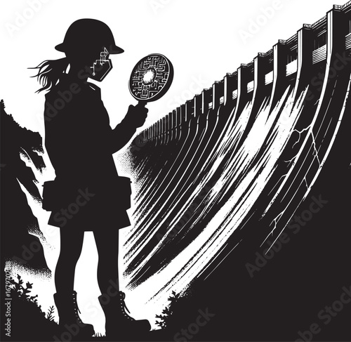 Silhouette of a Person Examining a Dam with a Circular Object in Black and White