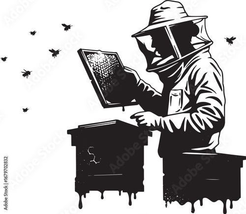 Monochrome illustration depicting a beekeeper tending to a hive