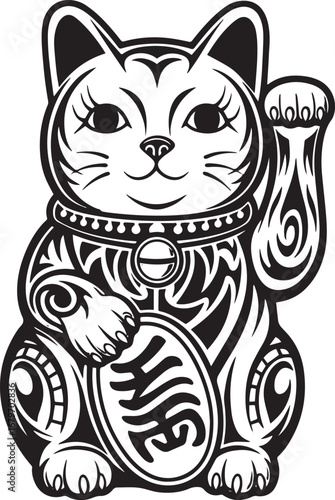 Stylized Maneki Neko Illustration Depicting Wealth and Fortune i
