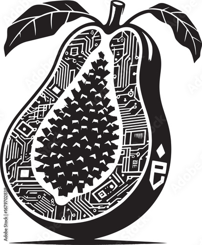Illustration of a stylized papaya fruit with circuit board patterns for technology and nature