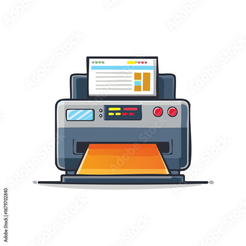 Cartoon printer printing an orange sheet with a data display screen