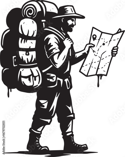 Adventure seeker with oversized backpack consulting a map on whi