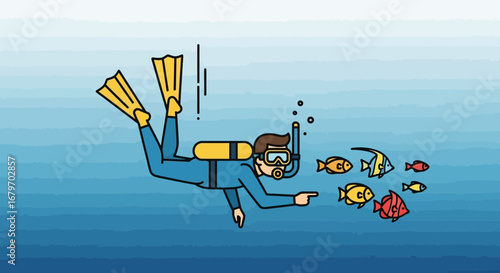 Diver Exploring Oceanic Depths, Pointing Towards a School of Colorful Fish Underwater