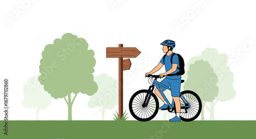 Cyclist Pauses At Signpost On Park Trail, Surrounded By Lush Green Trees In Nature