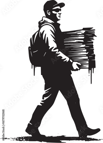 Monochromatic illustration of a man with backpack carrying large