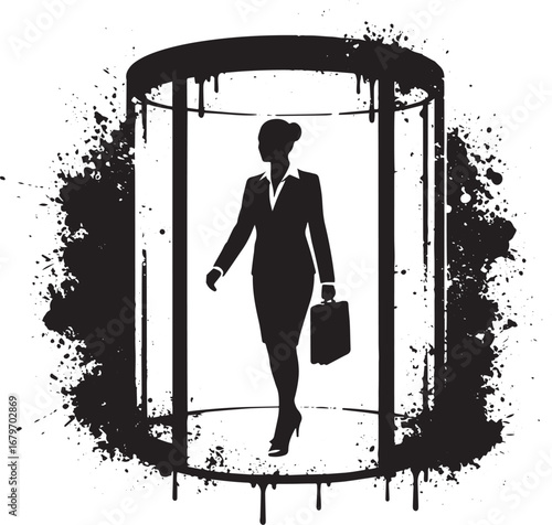 Businesswoman stepping out of a revolving door with a splash des
