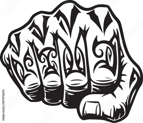 Monochromatic depiction of a clenched fist adorned with abstract