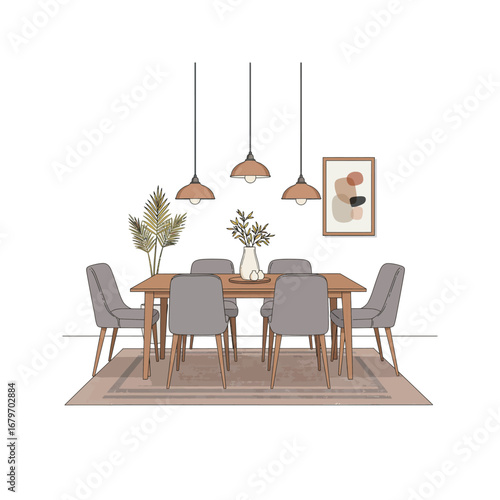 Modern home interior with wooden dining table and chairs in a minimalist style