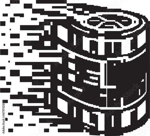Abstract digital representation of a data server with a dissolving pixel effect illustration