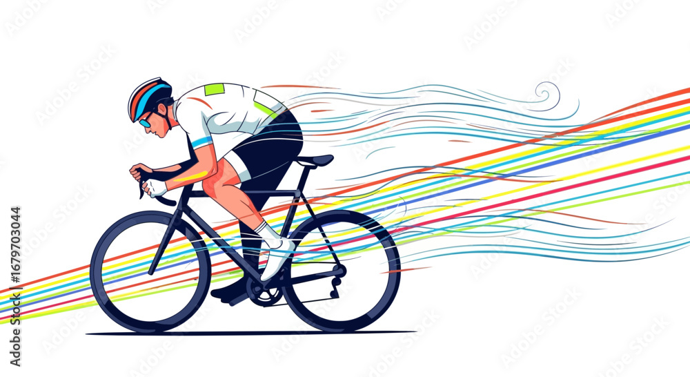 Fototapeta premium Cyclist Racing With Artistic Rainbow Lines, Showing Speed And Determination