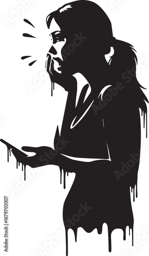 Distressed woman with smartphone, depicted in a black and white