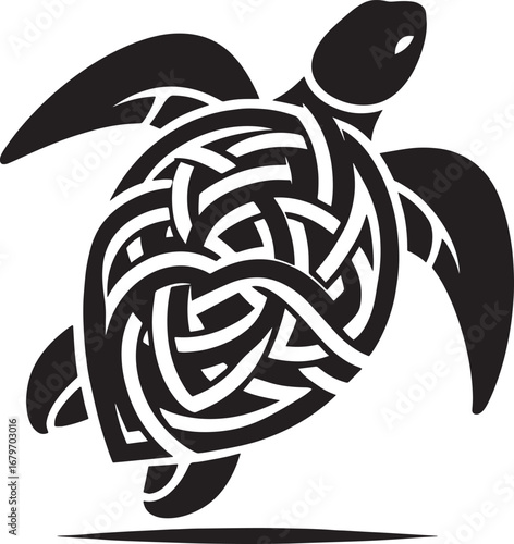 Intricate Black and White Celtic Knot Sea Turtle Silhouette, Minimalist Vector Illustration