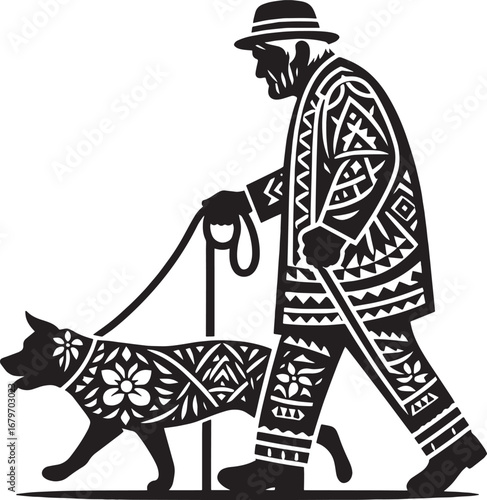 An elderly man walks a patterned dog, a black and white vector illustration