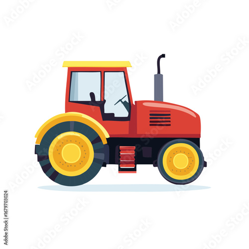 Vibrant red and yellow farm tractor side view in flat design style for agriculture