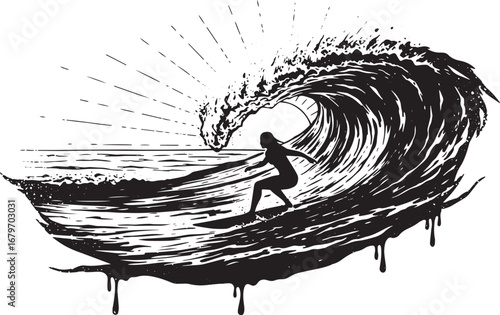 Monochrome illustration of a surfer riding a large wave at sunse