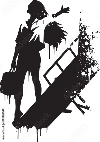 Silhouette of woman stepping towards unseen platform with outstr