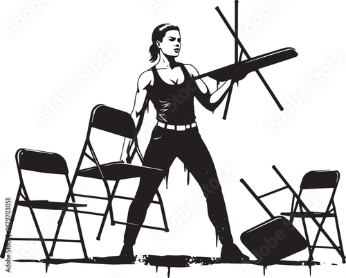 Monochrome illustration of a determined woman amidst folding cha