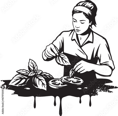 Monochromatic illustration of woman arranging tomatoes with basi