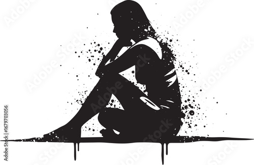 Silhouette of a contemplating woman with artistic grunge splatte