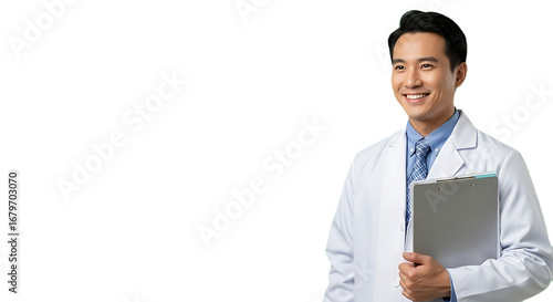 Smiling Young Asian Male Doctor in Lab Coat Holding Clipboard, Looking Away, Transparent Background
