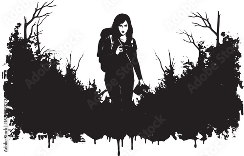 Silhouette of a woman with camera exploring through a dark fores