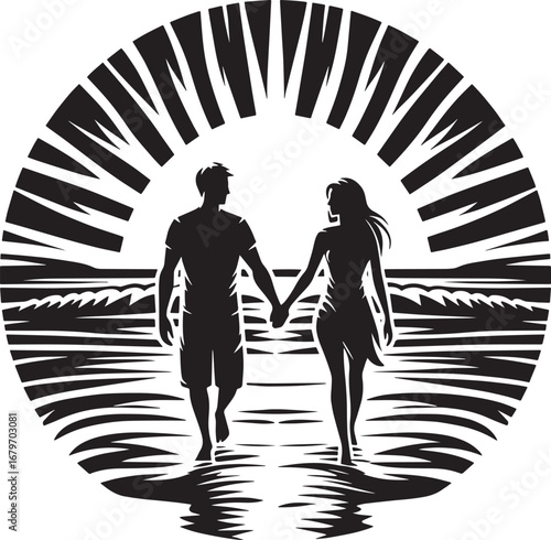 Silhouette of a Couple Walking on a Beach at Sunset, Holding Hands, Romantic Scene