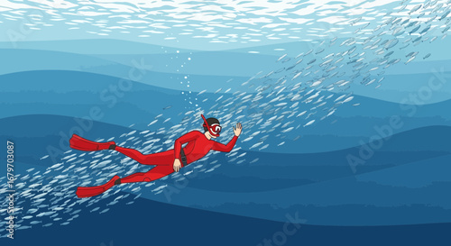 Diver exploring the ocean with a school of fish in a colorful illustration
