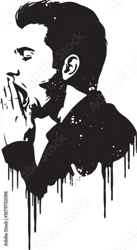 Expressive black and white silhouette of a yawning man with arti