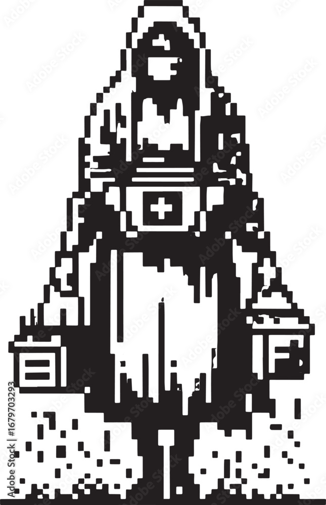 Obraz premium Pixelated Artwork of a Figure in Robes Holding Lanterns, a Black and White Digital Illustration