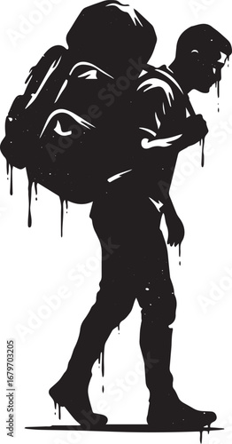 Silhouette of a burdened man carrying a heavy backpack with drip