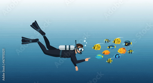 Diver Exploring The Underwater World, Interacting With A School of Fish