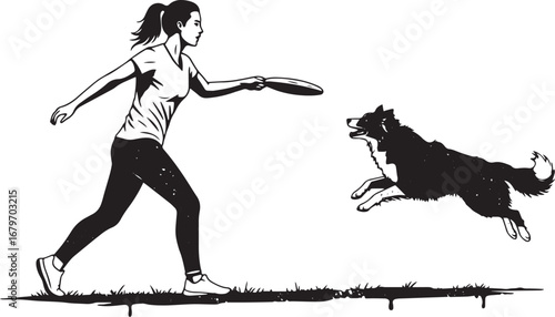 Dynamic monochrome illustration of woman tossing frisbee to ener