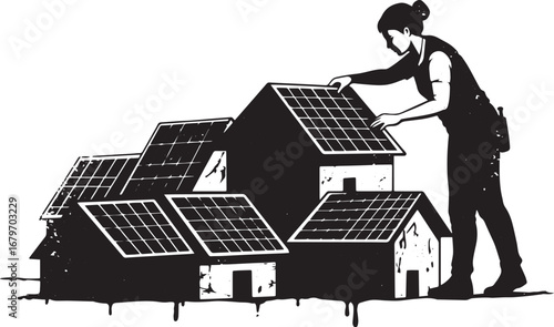 Woman installing solar panels on rooftops, promoting sustainabil