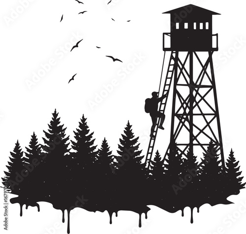 A lone explorer ascends a lookout tower amidst a serene forest s
