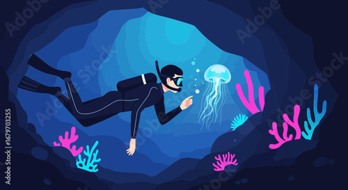 Diver Exploring Underwater Scene With Jellyfish And Colorful Coral Reefs